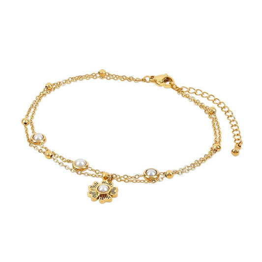 Tornozeleira Dupla Pérola Floral Banhada em Ouro 18K Tornozeleira Minha loja Ouro 
